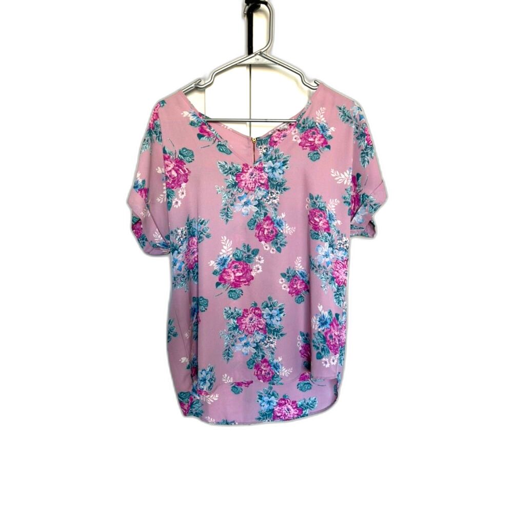 HIPPIE ROSE Junior’s Back-Zip Cuff-Sleeved Top, Purple Floral Size L